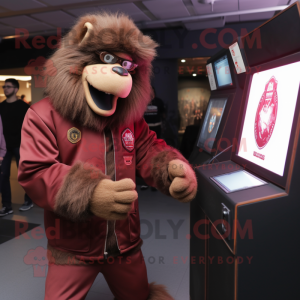 Maroon Baboon mascot costume character dressed with a Bomber Jacket and Watches