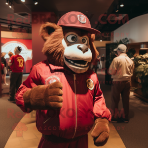 Maroon Baboon mascot costume character dressed with a Bomber Jacket and Watches