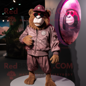 Maroon Baboon mascot costume character dressed with a Bomber Jacket and Watches