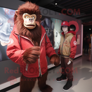 Maroon Baboon mascot costume character dressed with a Bomber Jacket and Watches