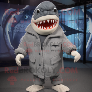 Gray Megalodon mascot costume character dressed with a Parka and Beanies