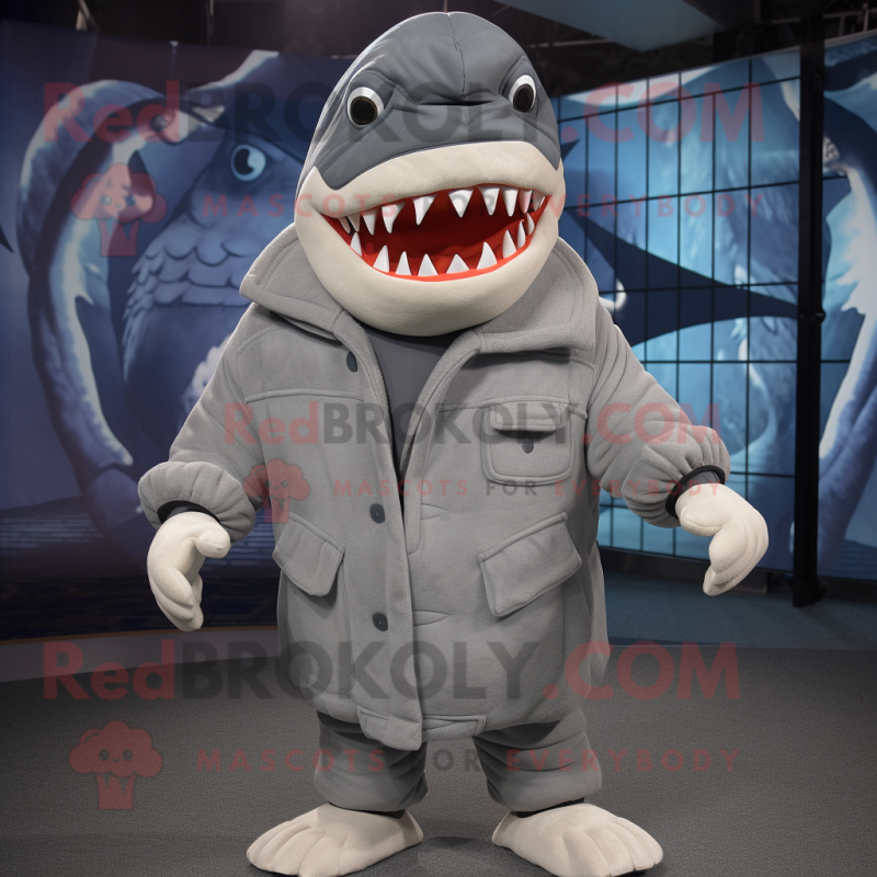 Gray Megalodon mascot costume character dressed with a Parka and Beanies