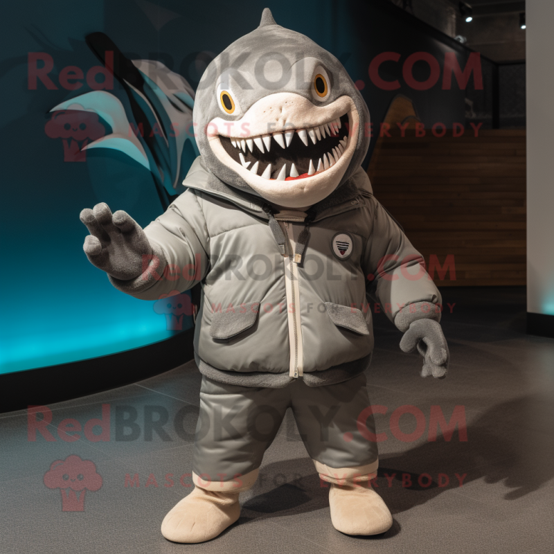 Gray Megalodon mascot costume character dressed with a Parka and Beanies