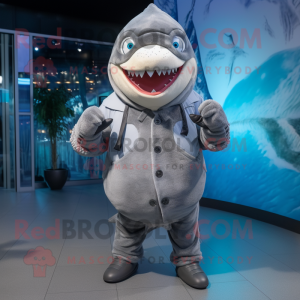 Gray Megalodon mascot costume character dressed with a Parka and Beanies
