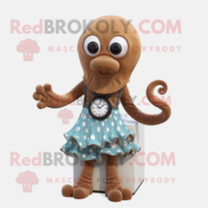 Brown Octopus mascot costume character dressed with a A-Line Dress and Bracelet watches