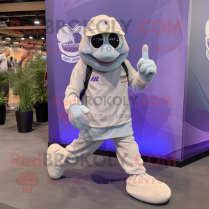 Lavender Marine Recon mascot costume character dressed with a Running Shorts and Shoe laces
