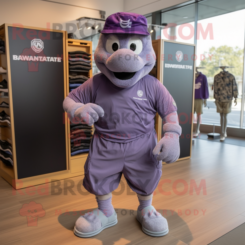 Lavender Marine Recon mascot costume character dressed with a Running Shorts and Shoe laces