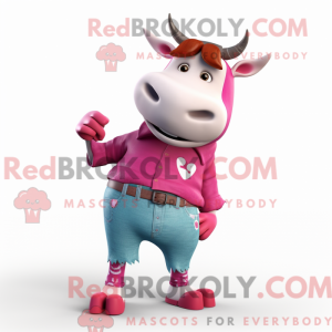 Maskotfigur av en magenta...