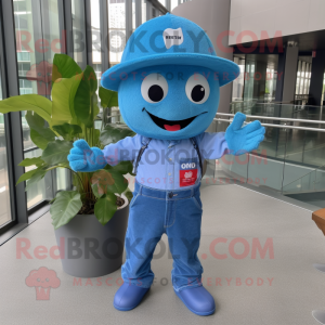 Blue Raspberry mascot costume character dressed with a Flare Jeans and Berets