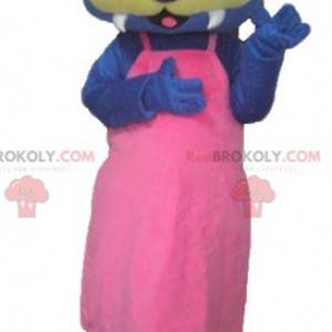 Mascotte lontra blu e gialla con un vestito rosa -