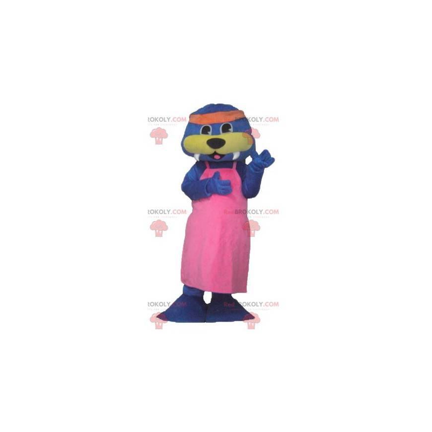 Mascota nutria azul y amarilla con un vestido rosa -