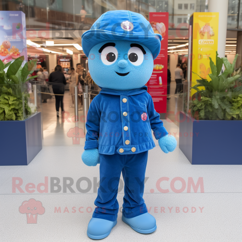 Blue Raspberry mascot costume character dressed with a Flare Jeans and Berets