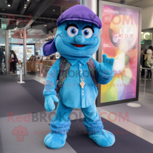 Blue Raspberry mascot costume character dressed with a Flare Jeans and Berets