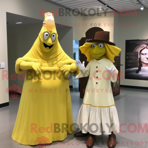 Maskotfigur af en gul...