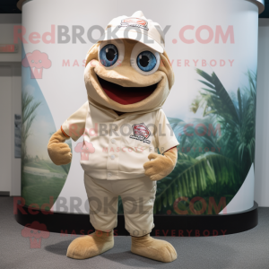 Beige Tuna mascot costume character dressed with a Graphic Tee and Wraps
