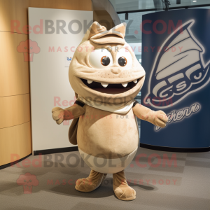 Beige Tuna mascot costume character dressed with a Graphic Tee and Wraps