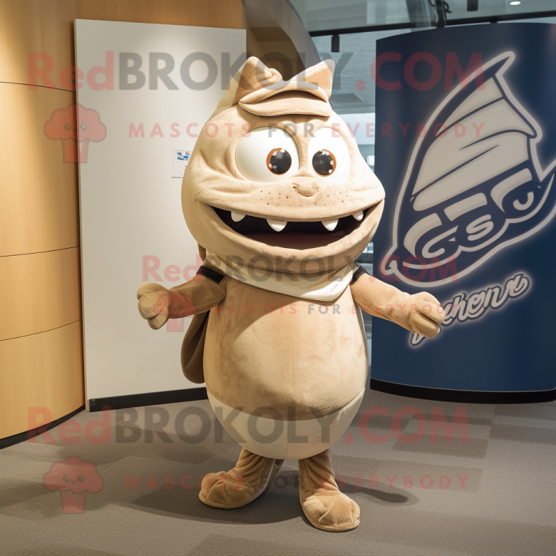 Beige Tuna mascot costume character dressed with a Graphic Tee and Wraps Beige Tuna mascot costume character dressed with a Graphic Tee and Wraps