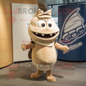 Beige Tuna mascot costume character dressed with a Graphic Tee and Wraps
