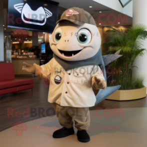 Beige Tuna mascot costume character dressed with a Graphic Tee and Wraps