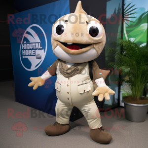 Beige Tuna mascot costume character dressed with a Graphic Tee and Wraps