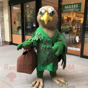 Green Haast'S Eagle mascot costume character dressed with a Wrap Dress and Messenger bags