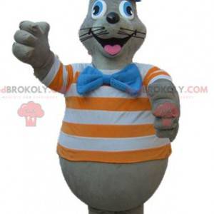 Gray sea lion mascot with an orange and white striped t-shirt -