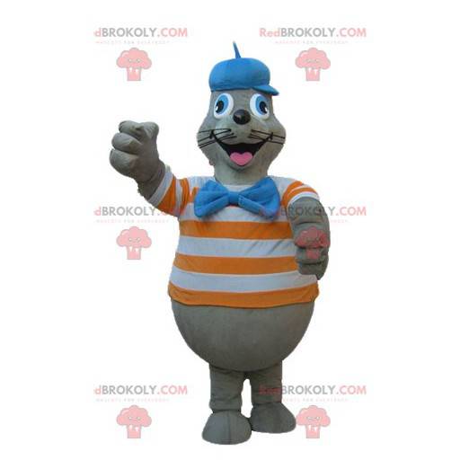 Gray sea lion mascot with an orange and white striped t-shirt -