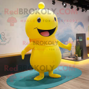 Yellow Whale mascot costume character dressed with a Yoga Pants and Necklaces