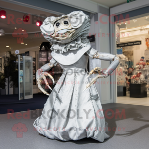 Silver Crab mascot costume character dressed with a Empire Waist Dress and Hats