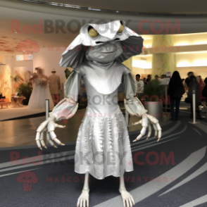 Silver Crab mascot costume character dressed with a Empire Waist Dress and Hats