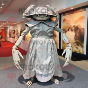 Silver Crab mascot costume character dressed with a Empire Waist Dress and Hats