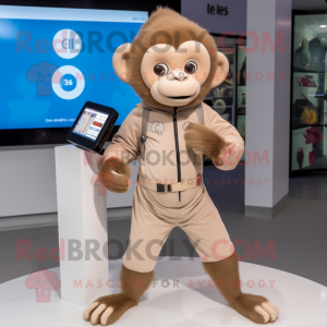 Beige Capuchin Monkey mascot costume character dressed with a Leggings and Smartwatches
