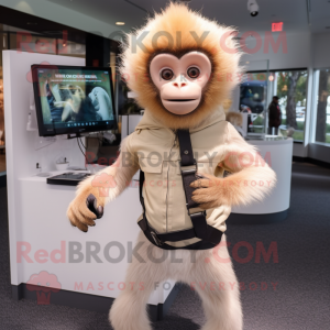 Beige Capuchin Monkey mascot costume character dressed with a Leggings and Smartwatches