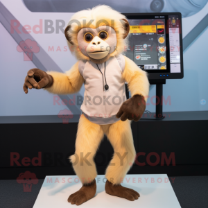 Beige Capuchin Monkey mascot costume character dressed with a Leggings and Smartwatches