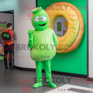 Maskotfigur af en limegrøn...