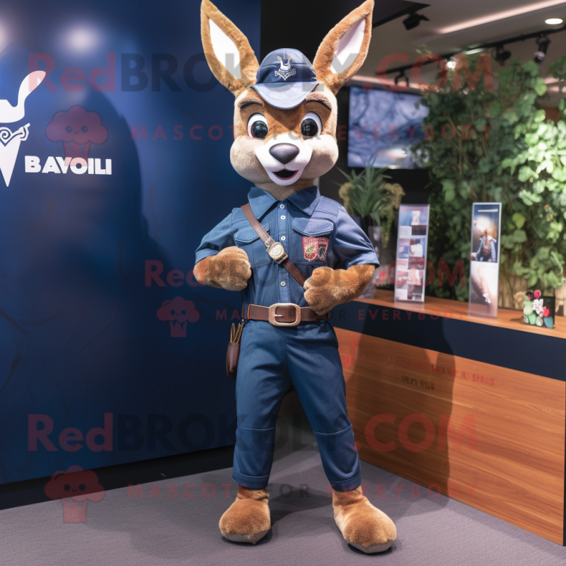 Navy Roe Deer mascot costume character dressed with a Flare Jeans and Belts Navy Roe Deer mascot costume character dressed with a Flare Jeans and Belts