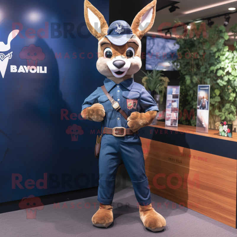 Navy Roe Deer mascot costume character dressed with a Flare Jeans and Belts