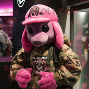 Pink Marine Recon mascot costume character dressed with a Graphic Tee and Beanies