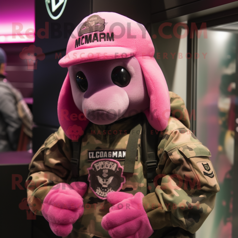 Pink Marine Recon mascot costume character dressed with a Graphic Tee and Beanies Pink Marine Recon mascot costume character dressed with a Graphic Tee and Beanies