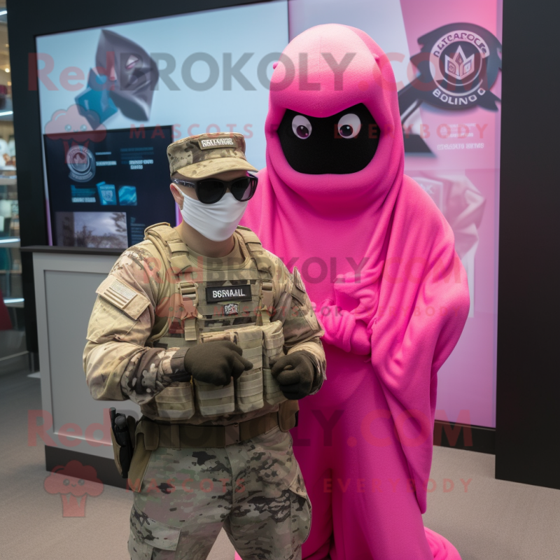 Pink Marine Recon mascot costume character dressed with a Graphic Tee and Beanies