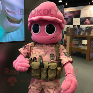 Pink Marine Recon mascot costume character dressed with a Graphic Tee and Beanies