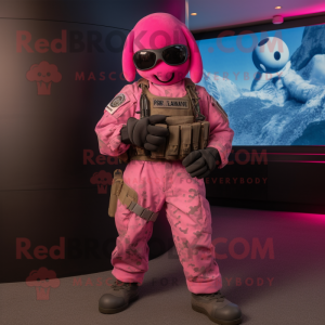 Pink Marine Recon mascot costume character dressed with a Graphic Tee and Beanies