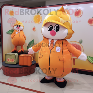 Peach Apricot mascot costume character dressed with a Jacket and Coin purses