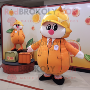 Peach Apricot mascot costume character dressed with a Jacket and Coin purses