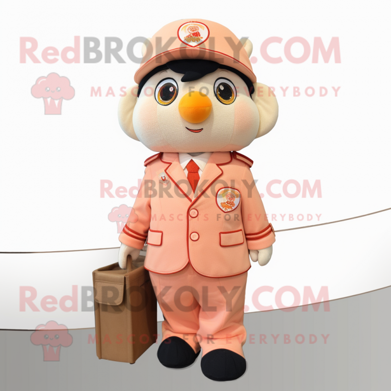 Peach Apricot mascot costume character dressed with a Jacket and Coin purses Peach Apricot mascot costume character dressed with a Jacket and Coin purses