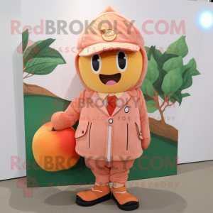 Peach Apricot mascot costume character dressed with a Jacket and Coin purses
