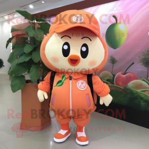 Peach Apricot mascot costume character dressed with a Jacket and Coin purses