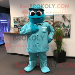 Maskotkarakter af en cyan...