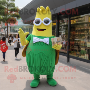 Green French Fries mascot costume character dressed with a Trousers and Reading glasses