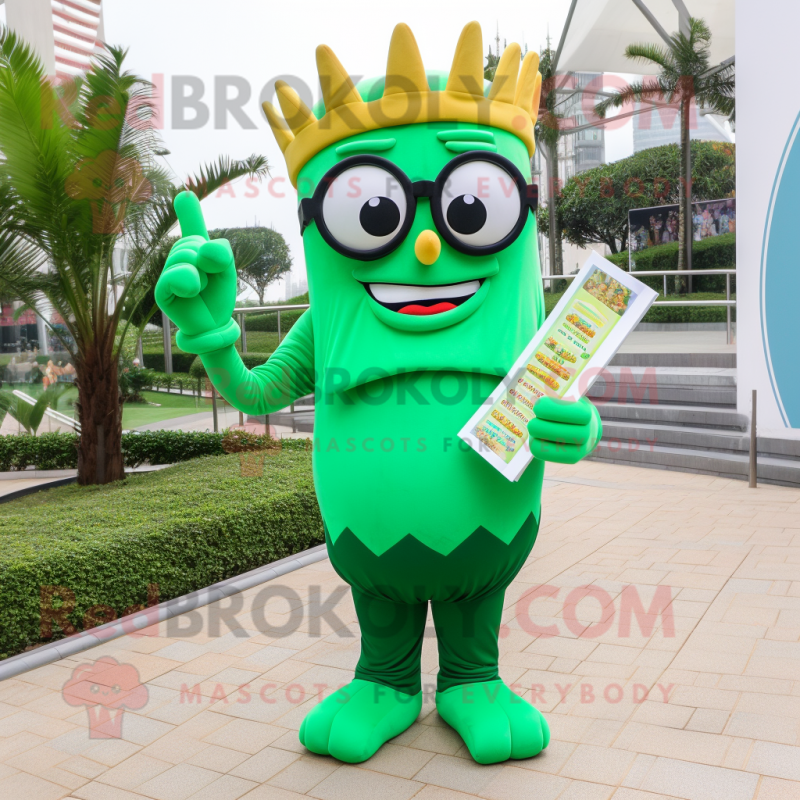 Green French Fries mascot costume character dressed with a Trousers and Reading glasses